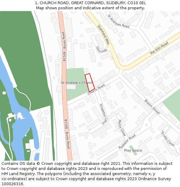 1, CHURCH ROAD, GREAT CORNARD, SUDBURY, CO10 0EL: Location map and indicative extent of plot