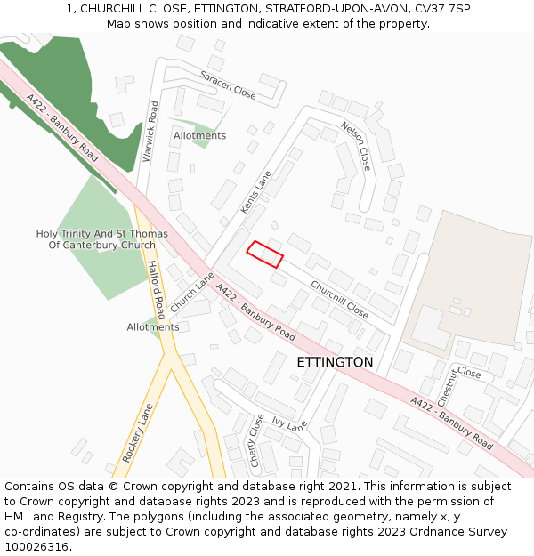 1, CHURCHILL CLOSE, ETTINGTON, STRATFORD-UPON-AVON, CV37 7SP: Location map and indicative extent of plot