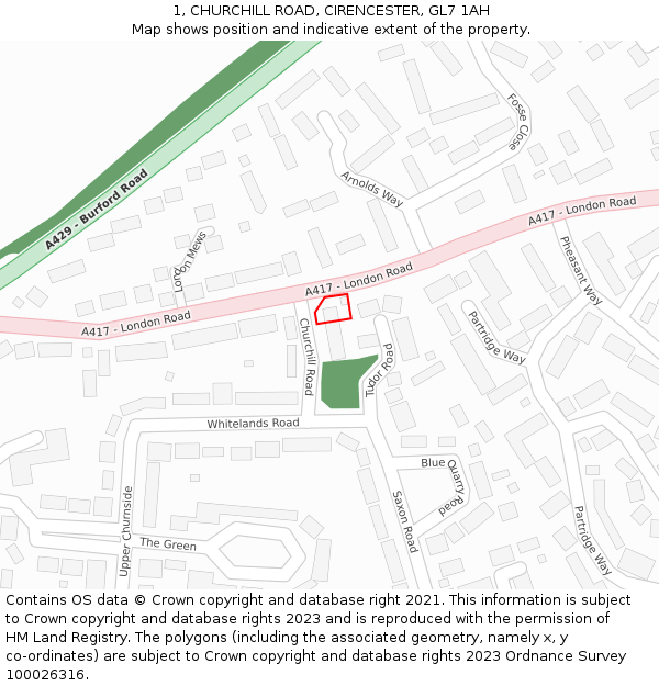 1, CHURCHILL ROAD, CIRENCESTER, GL7 1AH: Location map and indicative extent of plot