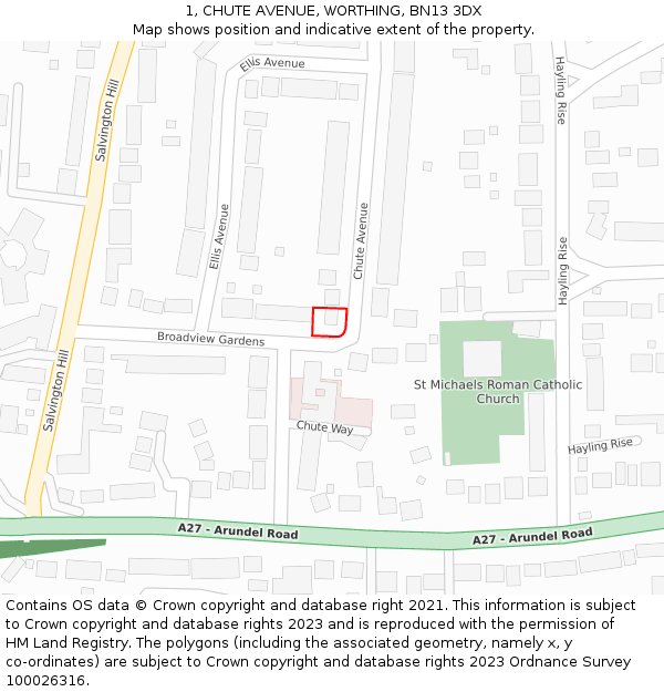 1, CHUTE AVENUE, WORTHING, BN13 3DX: Location map and indicative extent of plot