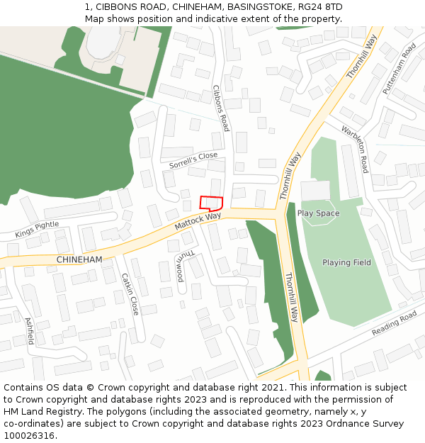 1, CIBBONS ROAD, CHINEHAM, BASINGSTOKE, RG24 8TD: Location map and indicative extent of plot