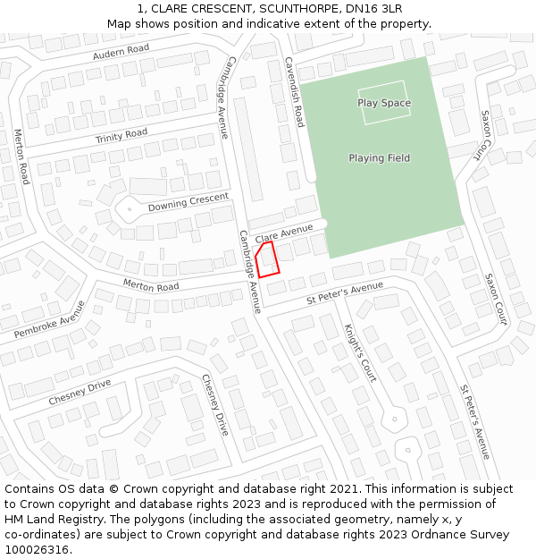 1, CLARE CRESCENT, SCUNTHORPE, DN16 3LR: Location map and indicative extent of plot