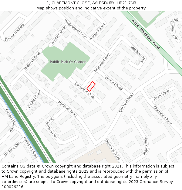 1, CLAREMONT CLOSE, AYLESBURY, HP21 7NR: Location map and indicative extent of plot