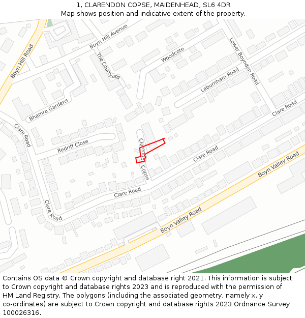 1, CLARENDON COPSE, MAIDENHEAD, SL6 4DR: Location map and indicative extent of plot