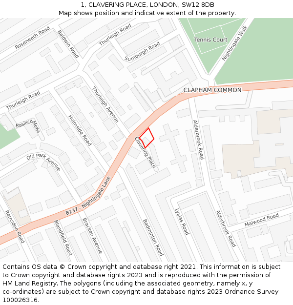 1, CLAVERING PLACE, LONDON, SW12 8DB: Location map and indicative extent of plot