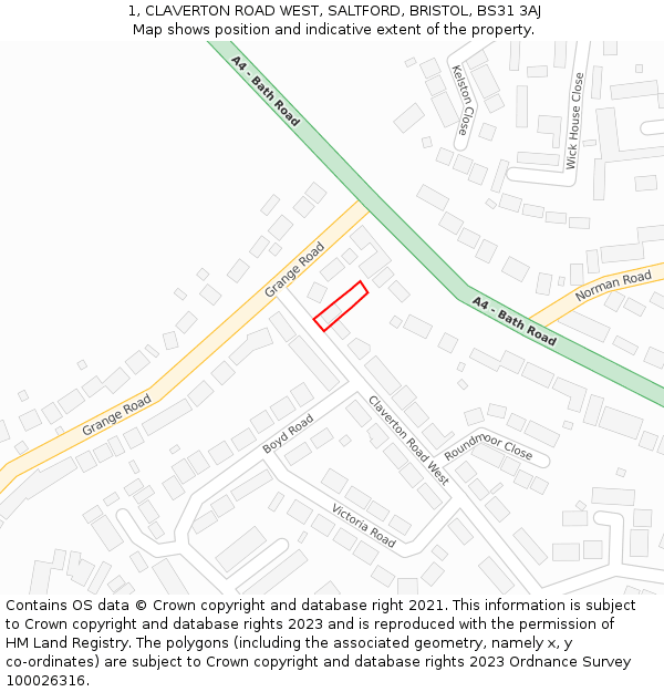 1, CLAVERTON ROAD WEST, SALTFORD, BRISTOL, BS31 3AJ: Location map and indicative extent of plot
