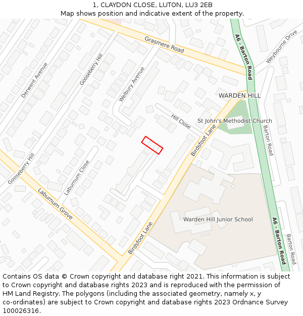 1, CLAYDON CLOSE, LUTON, LU3 2EB: Location map and indicative extent of plot