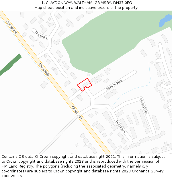 1, CLAYDON WAY, WALTHAM, GRIMSBY, DN37 0FG: Location map and indicative extent of plot