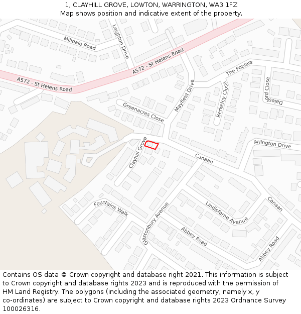 1, CLAYHILL GROVE, LOWTON, WARRINGTON, WA3 1FZ: Location map and indicative extent of plot