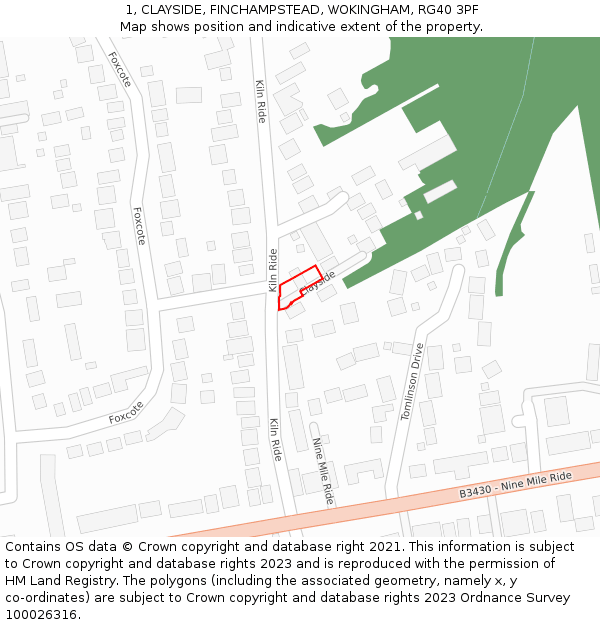 1, CLAYSIDE, FINCHAMPSTEAD, WOKINGHAM, RG40 3PF: Location map and indicative extent of plot