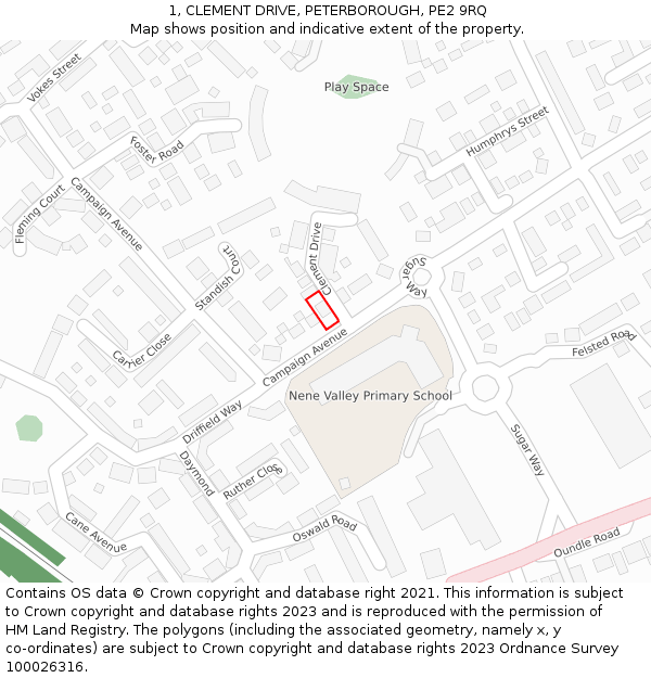1, CLEMENT DRIVE, PETERBOROUGH, PE2 9RQ: Location map and indicative extent of plot