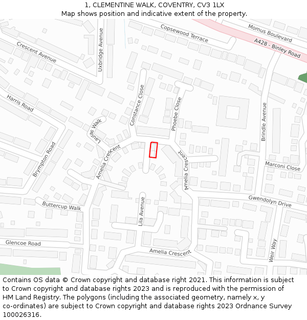 1, CLEMENTINE WALK, COVENTRY, CV3 1LX: Location map and indicative extent of plot