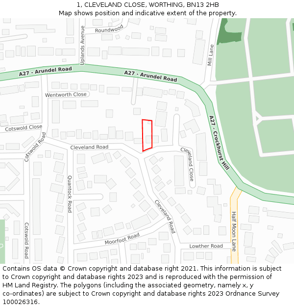 1, CLEVELAND CLOSE, WORTHING, BN13 2HB: Location map and indicative extent of plot