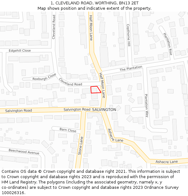 1, CLEVELAND ROAD, WORTHING, BN13 2ET: Location map and indicative extent of plot