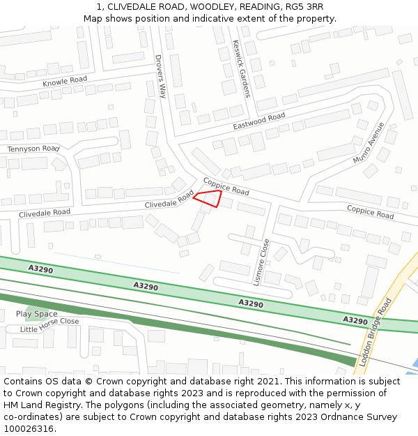 1, CLIVEDALE ROAD, WOODLEY, READING, RG5 3RR: Location map and indicative extent of plot