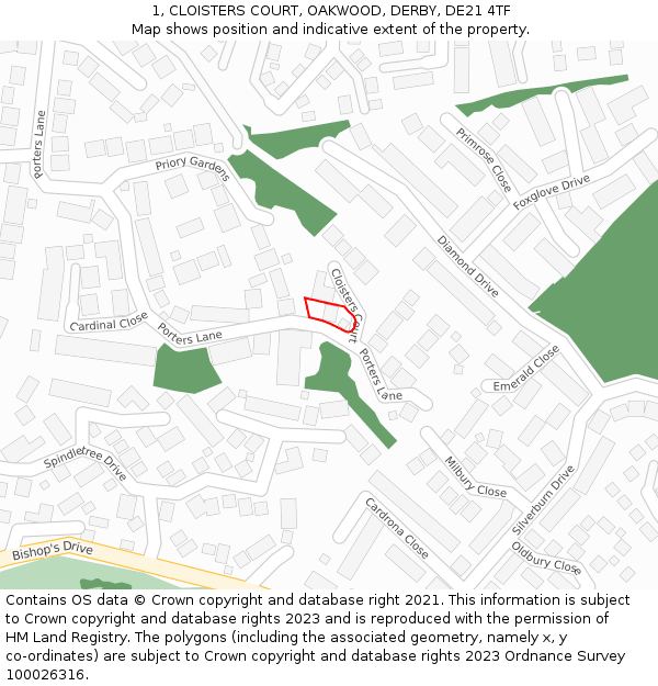 1, CLOISTERS COURT, OAKWOOD, DERBY, DE21 4TF: Location map and indicative extent of plot
