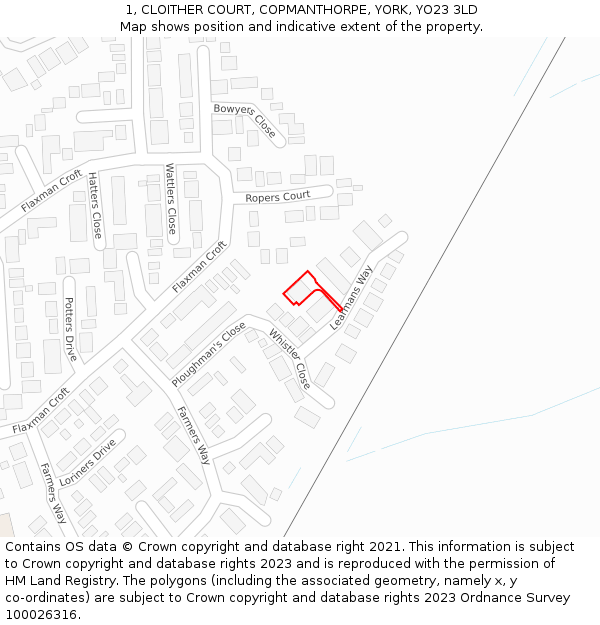1, CLOITHER COURT, COPMANTHORPE, YORK, YO23 3LD: Location map and indicative extent of plot