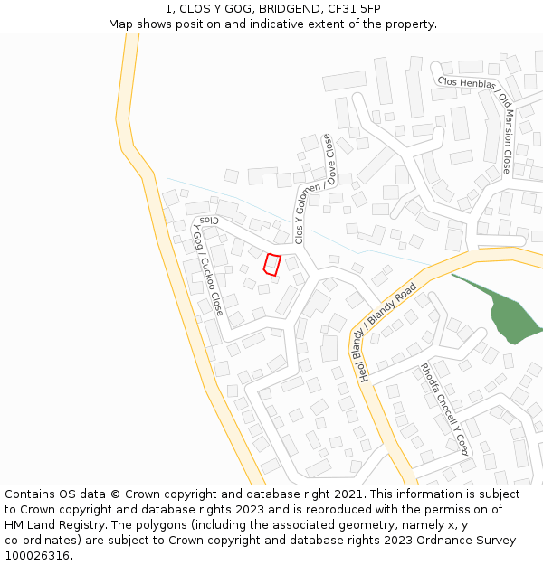 1, CLOS Y GOG, BRIDGEND, CF31 5FP: Location map and indicative extent of plot