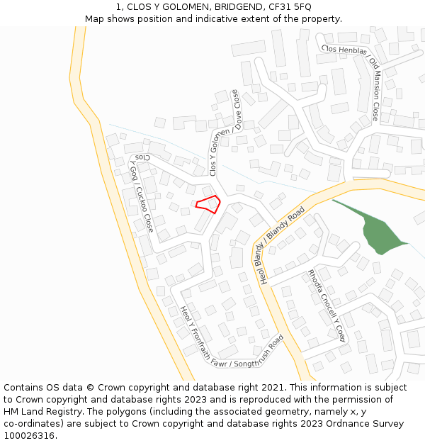 1, CLOS Y GOLOMEN, BRIDGEND, CF31 5FQ: Location map and indicative extent of plot