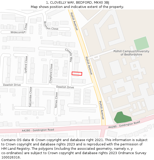 1, CLOVELLY WAY, BEDFORD, MK40 3BJ: Location map and indicative extent of plot
