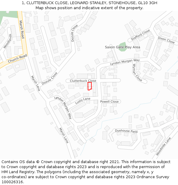 1, CLUTTERBUCK CLOSE, LEONARD STANLEY, STONEHOUSE, GL10 3GH: Location map and indicative extent of plot