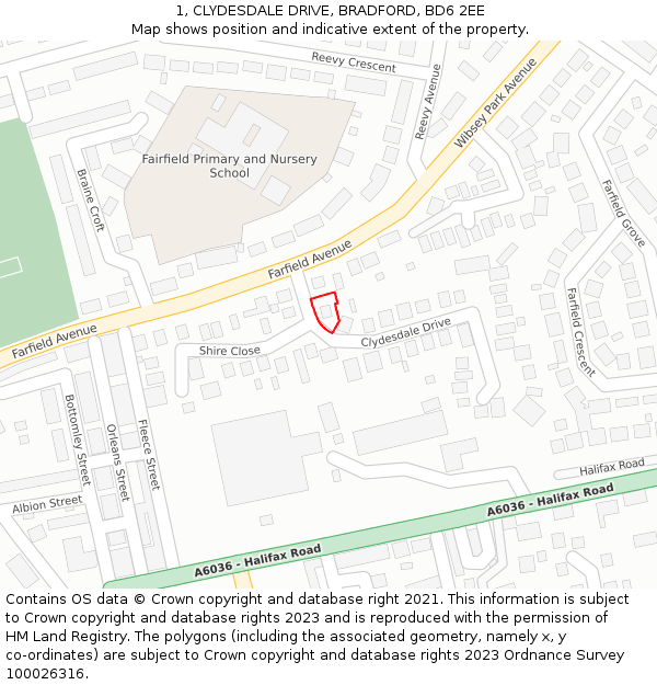 1, CLYDESDALE DRIVE, BRADFORD, BD6 2EE: Location map and indicative extent of plot