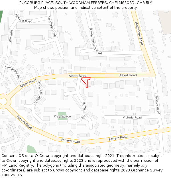 1, COBURG PLACE, SOUTH WOODHAM FERRERS, CHELMSFORD, CM3 5LY: Location map and indicative extent of plot