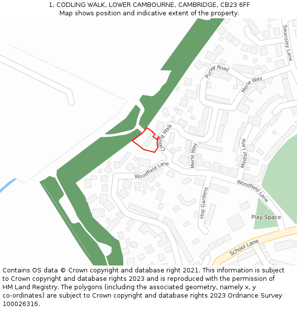 1, CODLING WALK, LOWER CAMBOURNE, CAMBRIDGE, CB23 6FF: Location map and indicative extent of plot