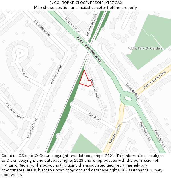 1, COLBORNE CLOSE, EPSOM, KT17 2AX: Location map and indicative extent of plot