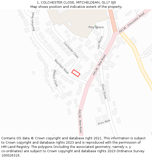1, COLCHESTER CLOSE, MITCHELDEAN, GL17 0JS: Location map and indicative extent of plot