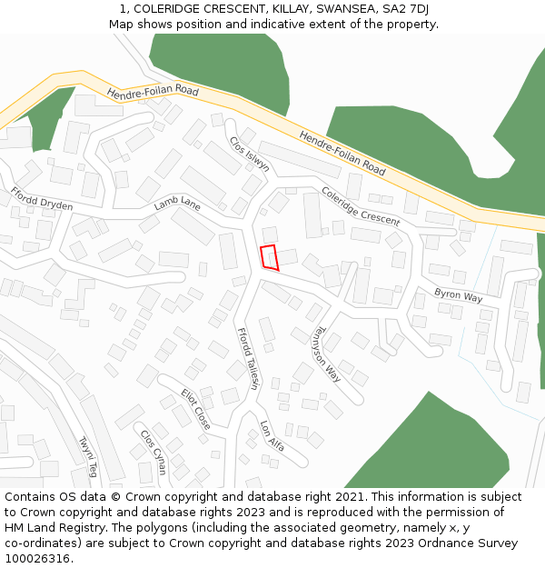 1, COLERIDGE CRESCENT, KILLAY, SWANSEA, SA2 7DJ: Location map and indicative extent of plot