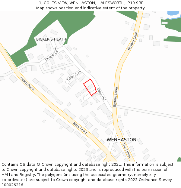 1, COLES VIEW, WENHASTON, HALESWORTH, IP19 9BF: Location map and indicative extent of plot