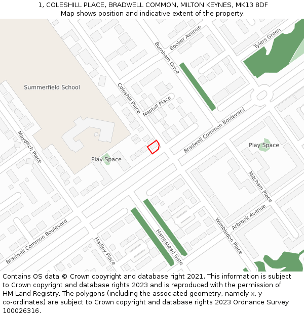 1, COLESHILL PLACE, BRADWELL COMMON, MILTON KEYNES, MK13 8DF: Location map and indicative extent of plot