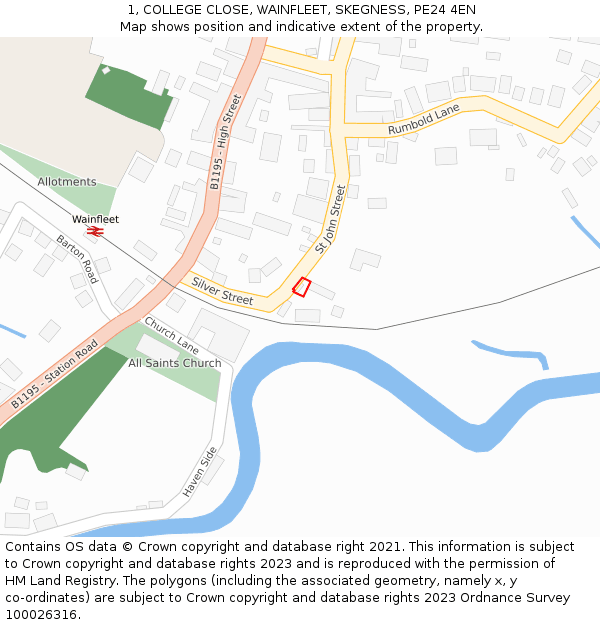 1, COLLEGE CLOSE, WAINFLEET, SKEGNESS, PE24 4EN: Location map and indicative extent of plot
