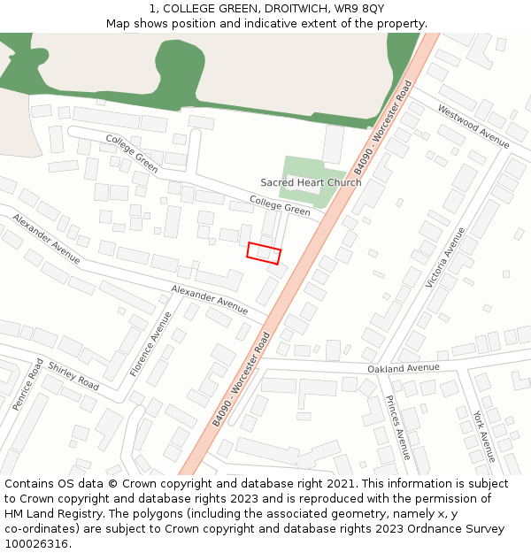 1, COLLEGE GREEN, DROITWICH, WR9 8QY: Location map and indicative extent of plot