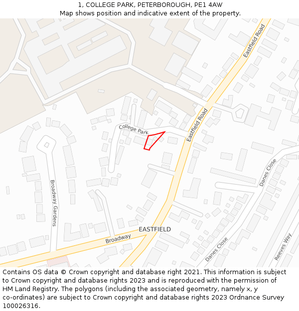 1, COLLEGE PARK, PETERBOROUGH, PE1 4AW: Location map and indicative extent of plot