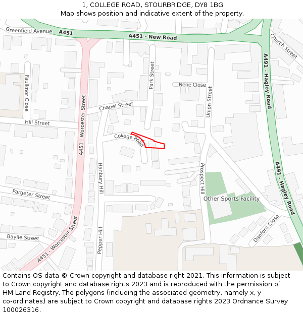 1, COLLEGE ROAD, STOURBRIDGE, DY8 1BG: Location map and indicative extent of plot