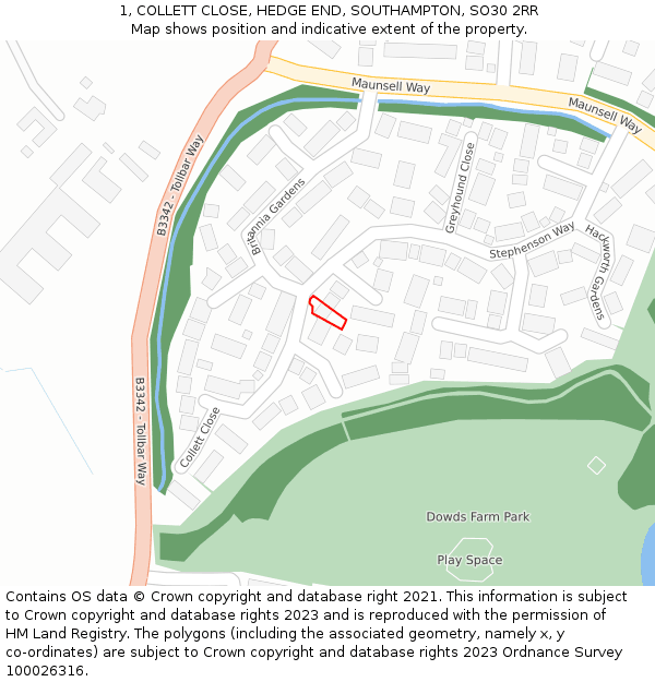1, COLLETT CLOSE, HEDGE END, SOUTHAMPTON, SO30 2RR: Location map and indicative extent of plot