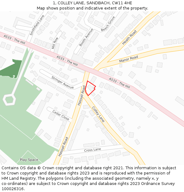1, COLLEY LANE, SANDBACH, CW11 4HE: Location map and indicative extent of plot