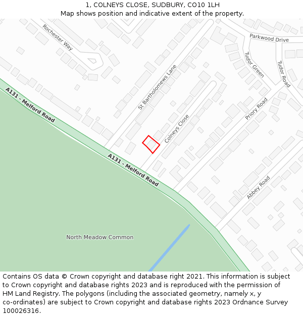 1, COLNEYS CLOSE, SUDBURY, CO10 1LH: Location map and indicative extent of plot
