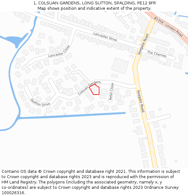 1, COLSUAN GARDENS, LONG SUTTON, SPALDING, PE12 9FR: Location map and indicative extent of plot