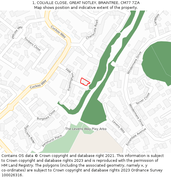 1, COLVILLE CLOSE, GREAT NOTLEY, BRAINTREE, CM77 7ZA: Location map and indicative extent of plot