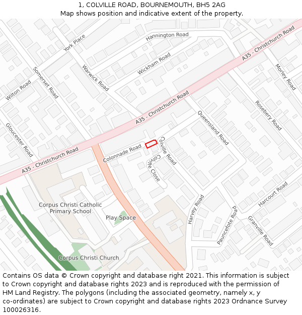 1, COLVILLE ROAD, BOURNEMOUTH, BH5 2AG: Location map and indicative extent of plot