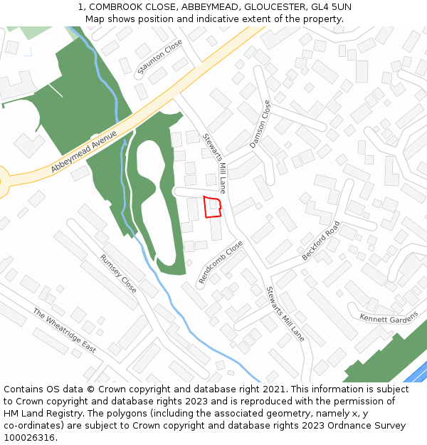 1, COMBROOK CLOSE, ABBEYMEAD, GLOUCESTER, GL4 5UN: Location map and indicative extent of plot