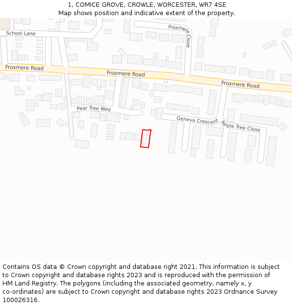 1, COMICE GROVE, CROWLE, WORCESTER, WR7 4SE: Location map and indicative extent of plot