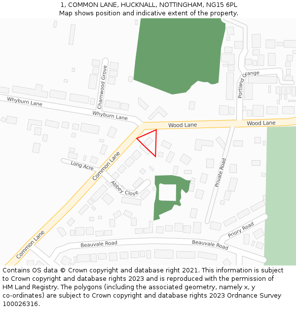 1, COMMON LANE, HUCKNALL, NOTTINGHAM, NG15 6PL: Location map and indicative extent of plot