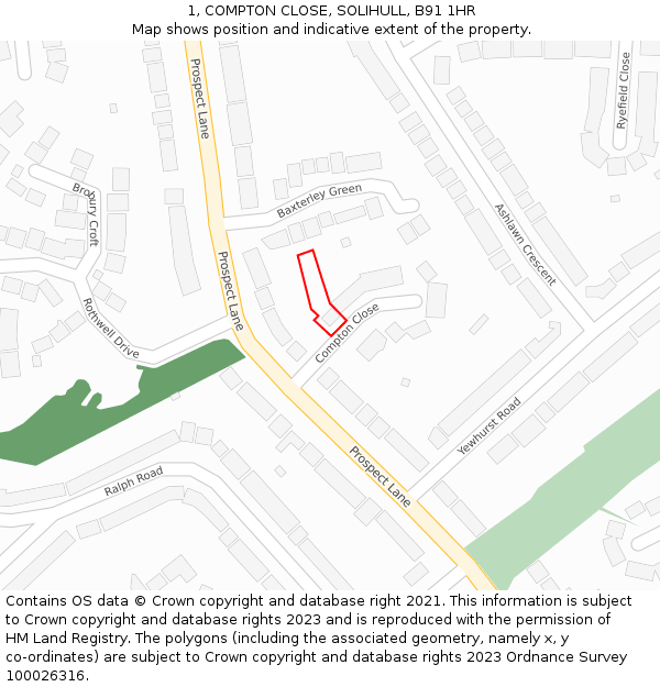 1, COMPTON CLOSE, SOLIHULL, B91 1HR: Location map and indicative extent of plot
