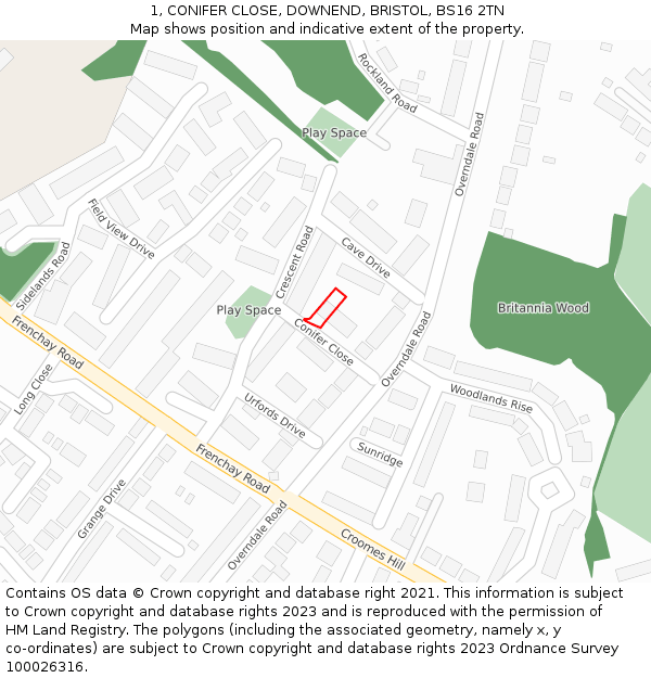 1, CONIFER CLOSE, DOWNEND, BRISTOL, BS16 2TN: Location map and indicative extent of plot