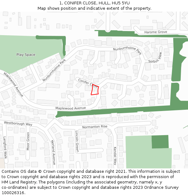 1, CONIFER CLOSE, HULL, HU5 5YU: Location map and indicative extent of plot