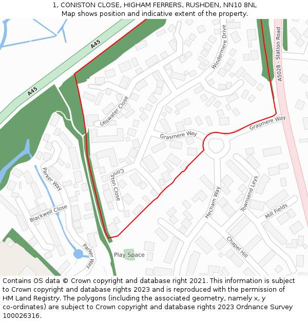 1, CONISTON CLOSE, HIGHAM FERRERS, RUSHDEN, NN10 8NL: Location map and indicative extent of plot